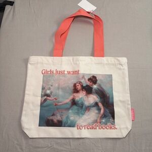 Blissfully Bookish Girls Just Want To Read Books Canvas Tote Bag Zippered Cream